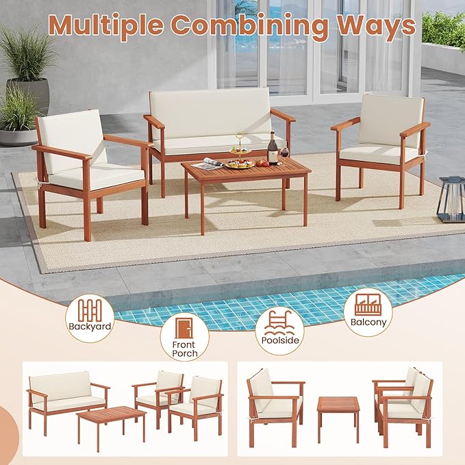 COSTWAY 4 Pieces Acacia Wood Conversation Set, Acacia Wood Porch Chairs with Table, Loveseat and Cushions, Outdoor Conversation Sofa Set for Garden, Balcony and Backyard