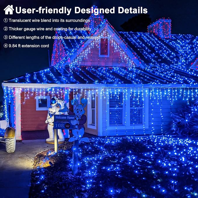 Blue Christmas Lights Outdoor Icicle Lights for Outside House 66ft 640 LED | Twinkle Lights Connectable 8 Modes Timer Plug in Waterproof for Home Holiday Eaves Patio Yard Party Room Xmas Decorations