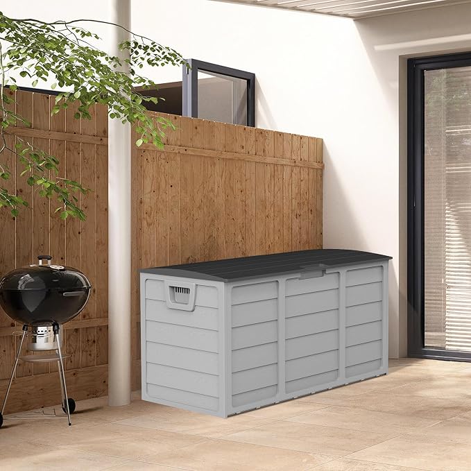 75 Gallon Outdoor Deck Storage Box, Heavy Duty Resin with Lockable Lid, UV Resistant for Patio Furniture, Garden Tools(Grey)
