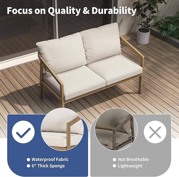 Patio Conversation Sets Outdoor Loveseat Sofa, Aluminum Patio Sofa Chairs with Washable Thick Cushions, Modern All-Weather Patio Furniture Sets for Garden, Backyard, Porch (Brown+Beige)