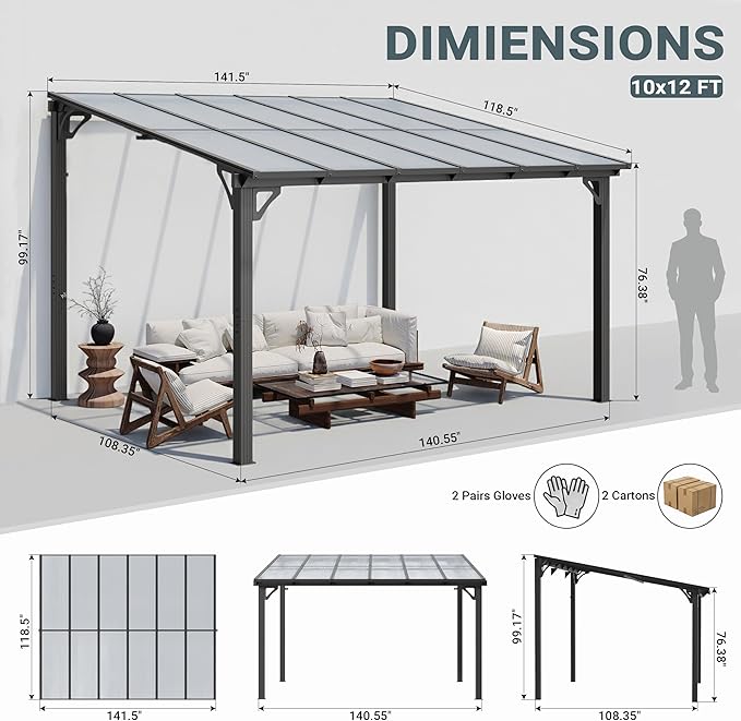 AirWire 10x12 FT Gazebo,Wall Mounted Gazebo Awnings with Polycarbonate Roof on Clearance, Patio Covers for Shade and Rain, Lean to Gazebo Hardtop Pergolas for Patios, Decks, Backyard
