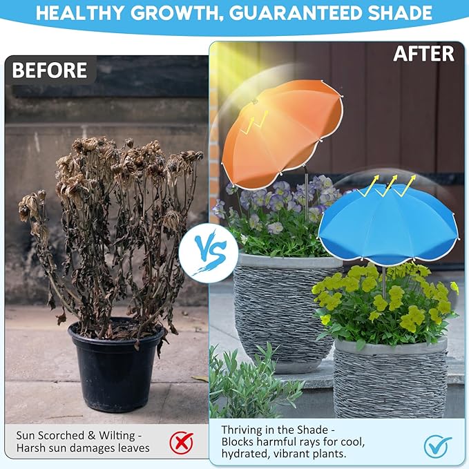 QRRICA 23.6" Adjustable Garden Umbrella Shade for Outdoor Use, Potted Greenery & Garden Beds – Angle-Adjustable Sun Protection