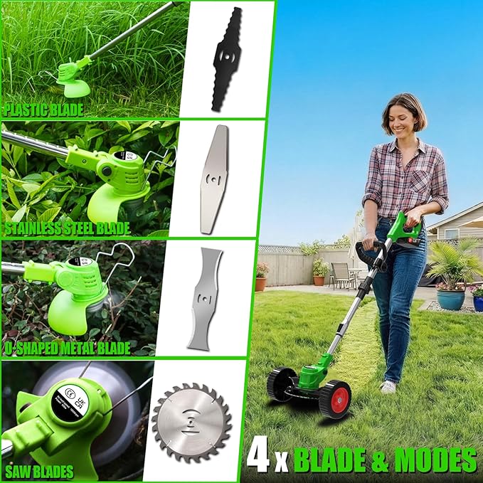 Cordless Weed Wacker Eater Battery Powered 21V Lightweight Electric Weed Trimmer with 2 Battery Operated Leaf Blower Weed Storage Bag, Stringless Grass Trimmer/Brush Cutter/Lawn Edger for Yard Garden