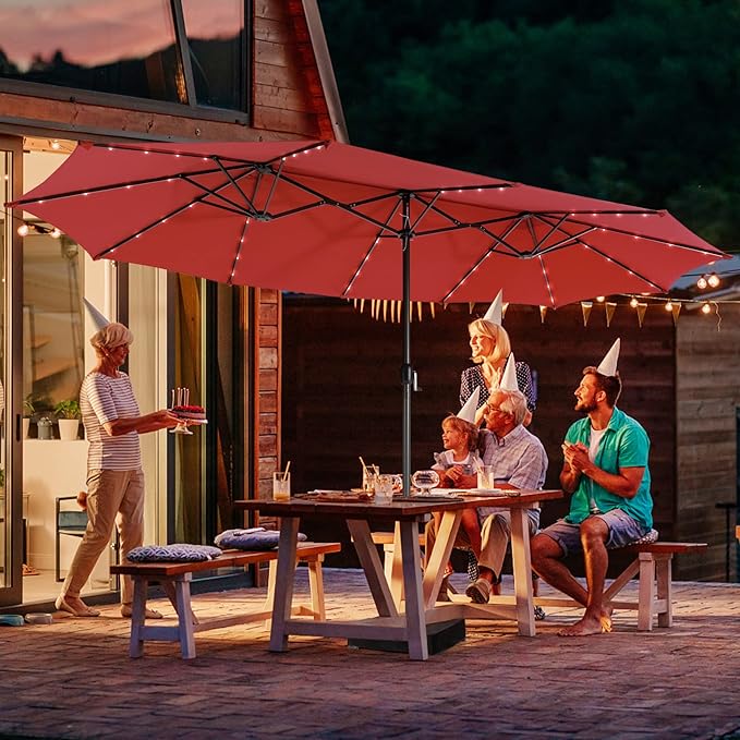 Giantex Large Outdoor Umbrella Double-Sided, 48 Solar Lights, Auto-Charging Solar Panel, Extra Large Patio Umbrella with Base and Crank, Outdoor Market Umbrellas for Poolside Garden