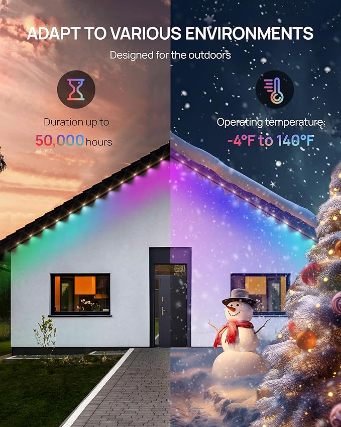 VCOKEN Permanent Outdoor Lights, 111FT with Smart 72 RGB LED Light for House & Outdoor Decor, DIY Scene Mode, IP65 Waterproof Eaves Lighting with App Control Remote for Christmas and Holiday Decor