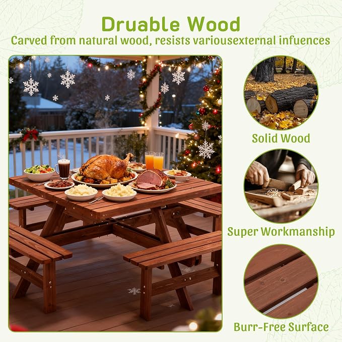8 Person Square Picnic Table, Outdoor Picnic Table with 4 Built in Benches, Umbrella Hole, Outside Wood Dining Table Set for Patio, Backyard, Garden, Porch, 2220lb Capacity - Brown
