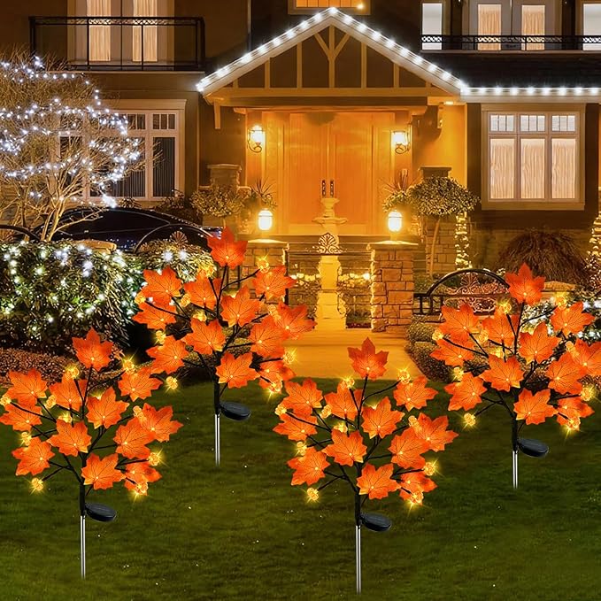 4Pack Fall Solar Lights Outdoor Decorative, Waterproof 80Led Orange Solars Lights Outdoor with 8 Modes, Pumpkin Solar Light for Fall Yard Outside Halloween Thanksgiving Decorations