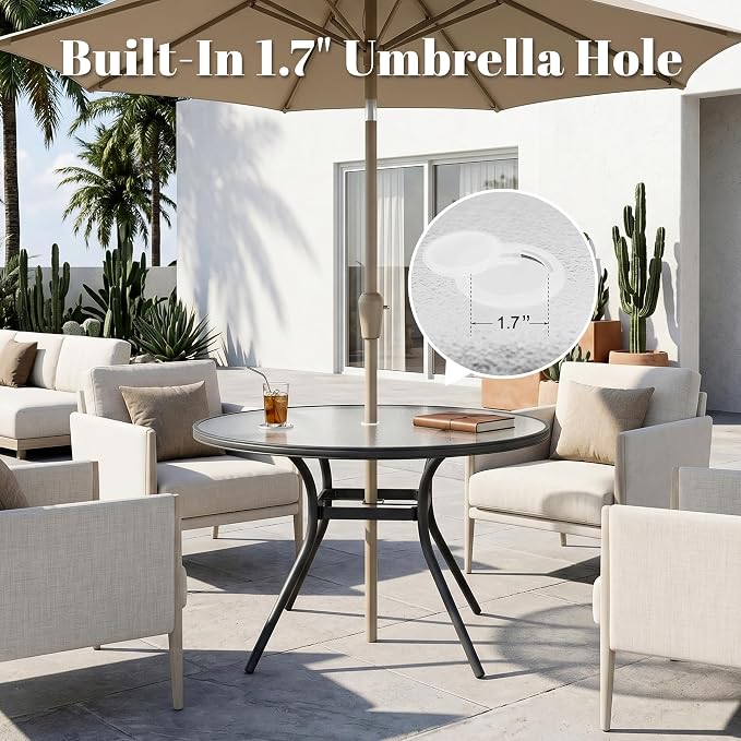 Glass Dining Table, 40" Outdoor Round Patio Table with Steel Base & 1.7" Umbrella Hole, Black Frame