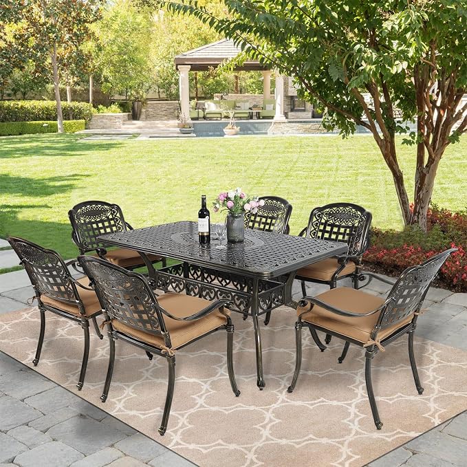 MEETWARM 7-Piece Outdoor Furniture Dining Set, All Weather Cast Aluminum Patio Garden Set with 6 Chairs, 6 Cushions, 1 Rectangular Table, 2" Umbrella Hole, Dark Bronze