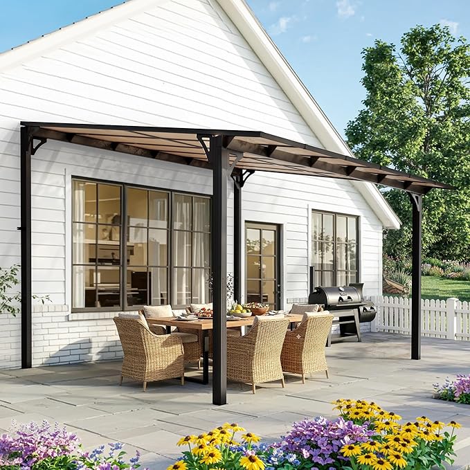 Pamapic 10x12FT Wall Mounted Gazebo, Hardtop Lean to Gazebo with Aluminum Frame & UV Resistant Polycarbonate Roof, Outdoor Patio Awning for Deck, Porch, Lawn & Backyard