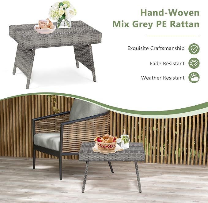 HAPPYGRILL Outdoor Wicker Table Folding Rattan Standing Coffee Side Table for Patio Lawn Bistro Poolside Garden