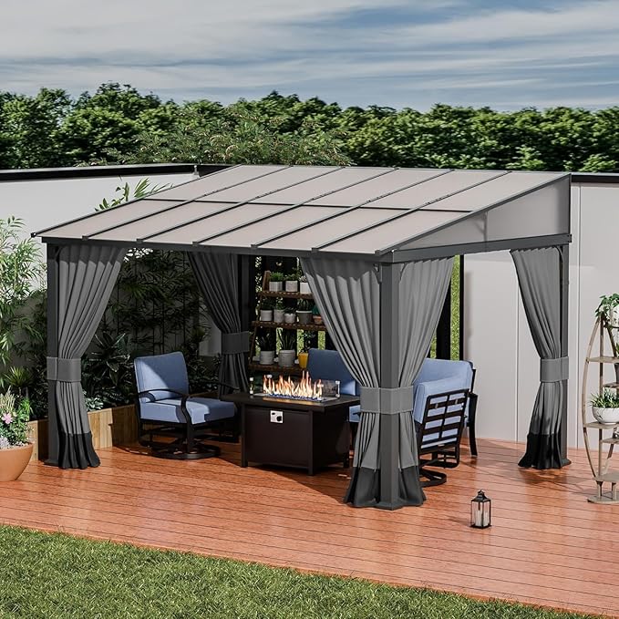 ALAULM 10'x 12' Outdoor Hardtop Pergola, Lean to Gazebo with Curtains and Netting,Large Wall-Mounted Heavy Duty Awnings for Patio, Backyard, Deck and Lawns-Grey
