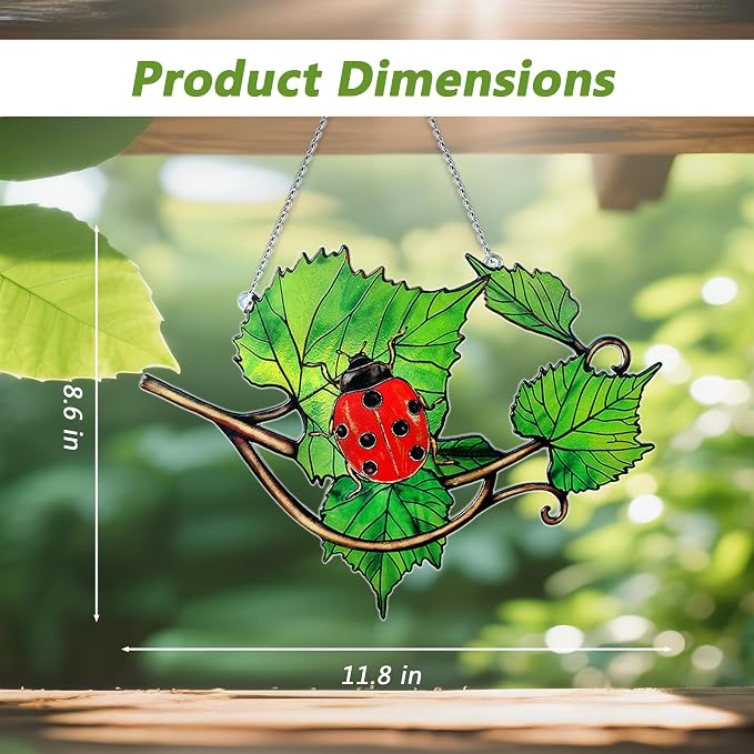 Plant Suncatcher Glass, Stained Glass Suncatcher Plant Window Hanging, Unique Nature Lover Gifts Leaf (Leaves & Ladybug)