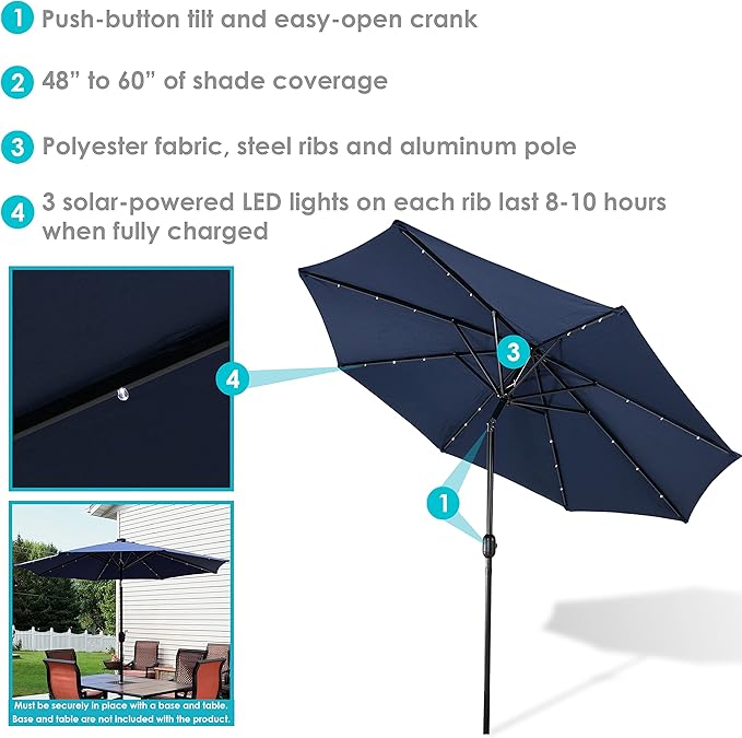 Sunnydaze 9 ft Outdoor Patio Umbrella with Solar Lights - Polyester LED Table Market Umbrella with Push-Button Tilt and Crank - Navy Blue