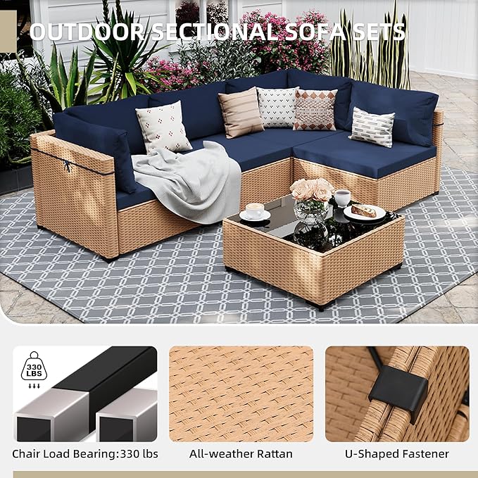 UPHA 5 Pieces Patio Furniture Sets, Wicker Outdoor Sectional Sofa Couch with Coffee Table, Patio Conversation Set for Deck Backyard Garden, Beige Rattan, Navy Blue Cushion