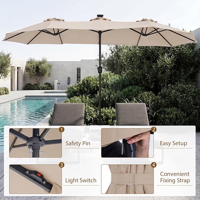 Tangkula 13 Ft Solar Patio Umbrella, Double-Sided Extra Large Outdoor Market Table Umbrella with 36 LED Lights, Crank Handle, 12 Sturdy Ribs for Poolside, Garden & Backyard (Beige)