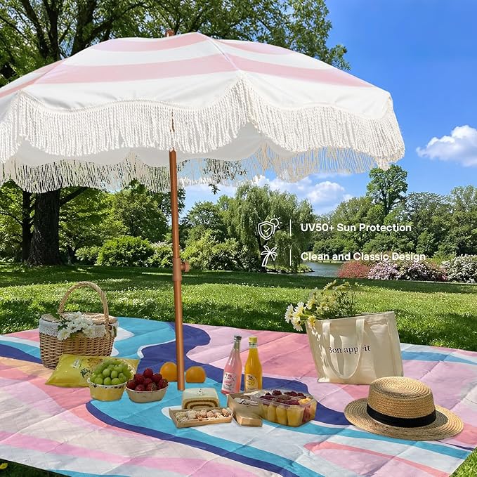 AMMSUN Boho Fringe Umbrella with Outdoor Blanket, 6.5ft UPF50+ Picnic Umbrella with Tassels with Steel Pole & Push Button Tilt, Pink Stripes