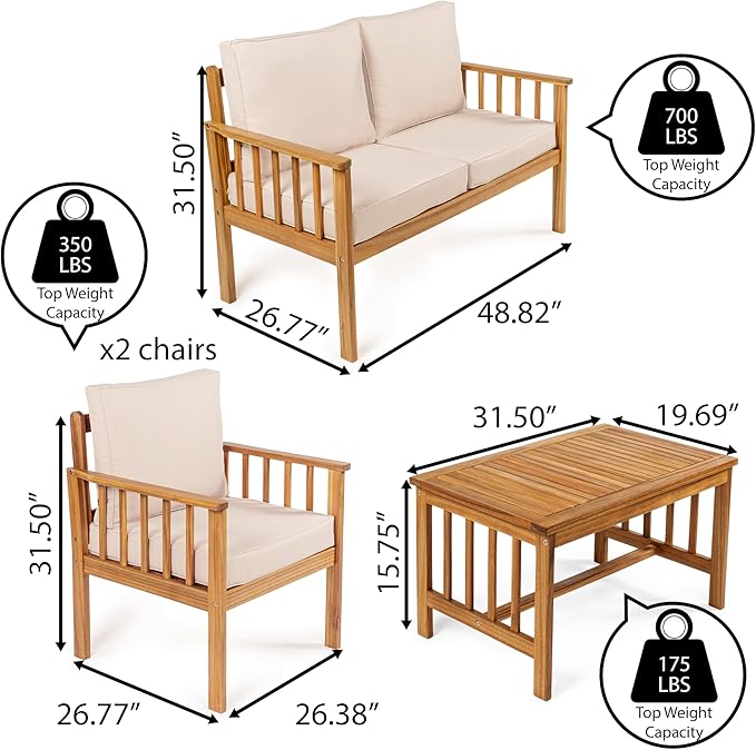 JONATHAN Y LVG1201B-4SET Everly 4-Piece Modern Cottage Acacia Wood Outdoor Patio Set with Cushions and Tropical Decorative Pillows Classic, Coastal, Traditional, Vintage, Mid-Century, Beige/Teak Brown