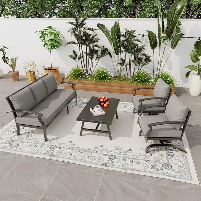 Metal Patio Furniture Set,4 Pieces 5 Seats Patio Sectional Outdoor Furniture Set with Rectangular Coffee Table,Patio Conversation Sets with 5.1" Thickened Cushions,GreyGrey