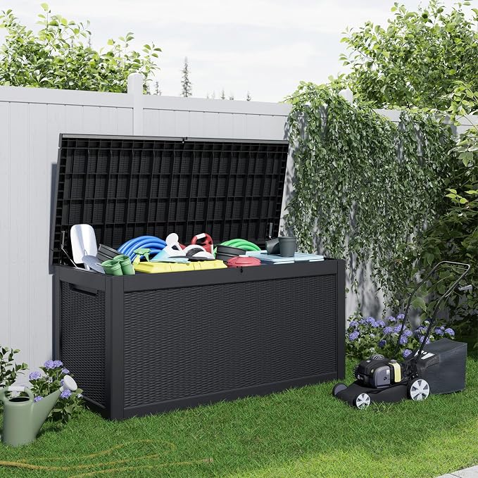 DRATO 320 Gallon Deck Boxes Outdoor Waterproof, Resin Large Lockable Storage Box with Lid, Outdoor Storage Bench Patio Cushions Furniture, Garden Tools, Pool Accessories(Black, 320 Gallon)