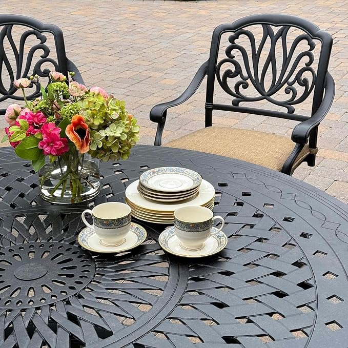 Darlee Elisabeth 7 Pc Cast Aluminum Dining Set w/ 60 Inch Round Table & Swivel Rockers in Antique Bronze/Sesame