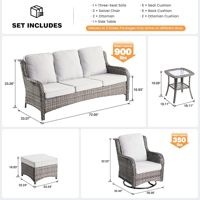 ovios 6-Piece Patio Furniture Set with Swivel Chairs Coffee Table, Outdoor Wicker Sofa with Comfy Cushions, High Back Couch Modern Conversation Sets, Grey/Grey