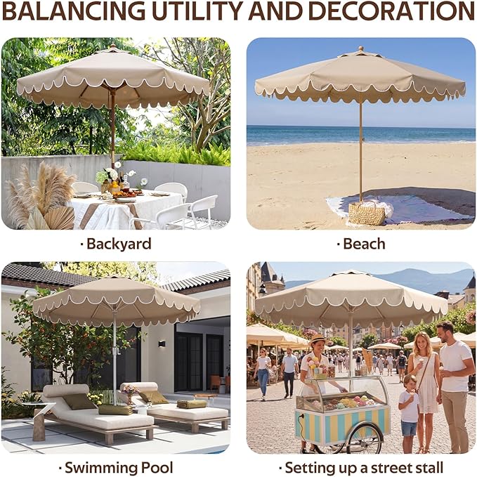 Scalloped Patio Umbrella Replacement Canopy Outdoor Boho Midcentury Market Umbrella Top Cover UV Protection for Patio Beach, Canopy Only
