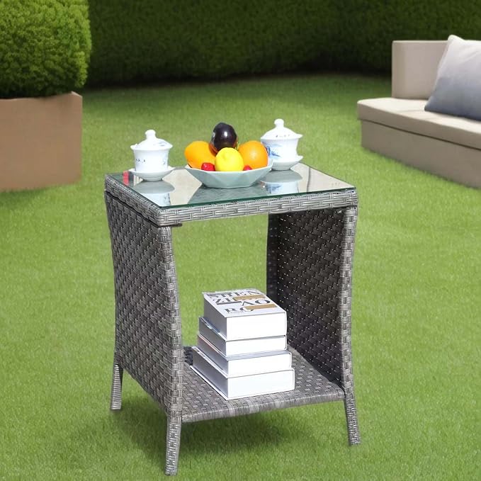 Outdoor Wicker Side Table, 19.25" Patio End Table with Storage & Tempered Glass Top, PE Rattan Coffee Table for Backyard Balcony Garden Lawn, 120 lbs Capacity, Grey