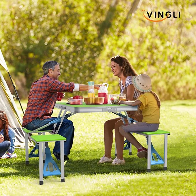 VINGLI 4Ft Portable Folding Picnic Table Camping Table Foldable Set with 4 Seats with Umbrella Hole Suitcase Card Table-220 Lbs Support Aluminum Frame, Plastic RV Tabletop for Yard, Travel-Black