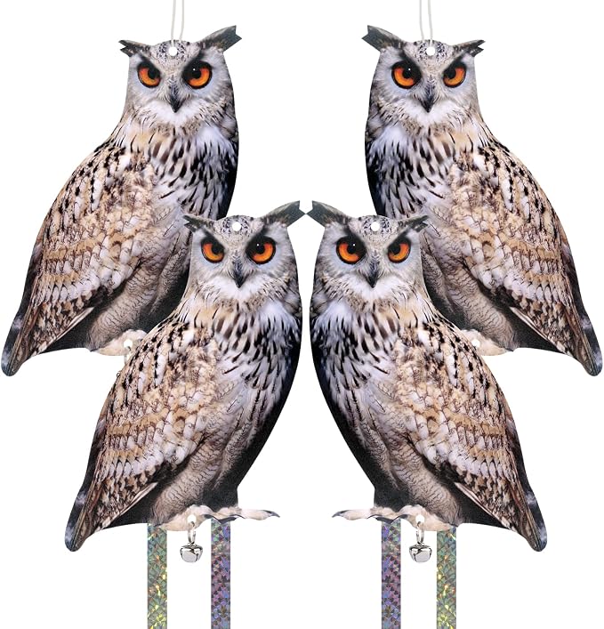 4PCS Hanging Flat Fake Owl to Keep Pigeon Away from Balcony Garden Owls with Reflective Tape Plastic Owl to Scare Woodpecker Squirrel for Tree Outdoor House Outsider Yard Window Patio Porch