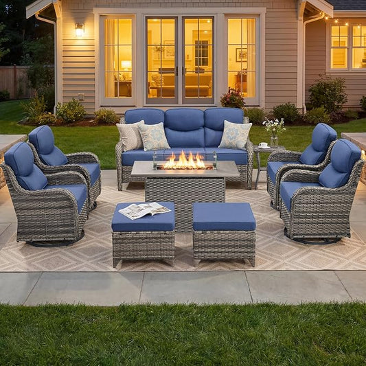 Luxury Patio Furniture Set with 6-inch Thick Cushion, Outdoor Furniture with Fire Pit Table, Swivel Chairs, Sofa, Side Table, Ottomans, 9pcs Wicker Conversation Set Grey Wicker | Blue Cushion