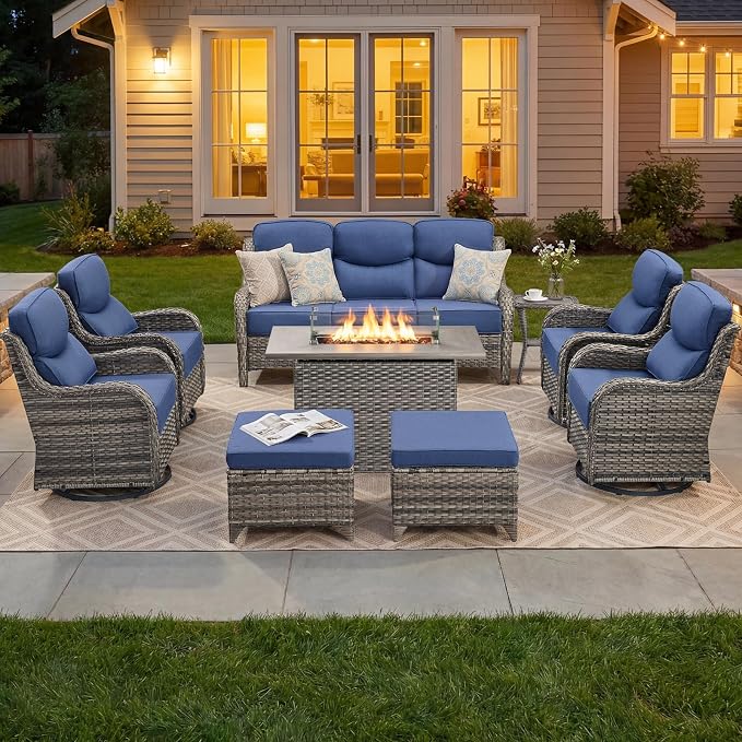 Luxury Patio Furniture Set with 6-inch Thick Cushion, Outdoor Furniture with Fire Pit Table, Swivel Chairs, Sofa, Side Table, Ottomans, 9pcs Wicker Conversation Set(Grey Wicker/Blue Cushion)