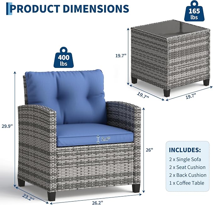 Garvee Outdoor Wicker Chairs,3 Pieces Patio Furniture Set,All Weather High Back Rattan Chairs w/Washable Cushion and Tempered Glass Tabletop for Deck Porch Balcony Backyard Garden,Gray & Blue