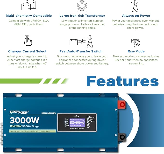 ExpertPower 3000W Pure Sine Wave Inverter Charger | Peak 9000W | DC 12V - AC 110V | LifePO4/ Lithium Battery Compatible | Auto Transfer Switch | LCD Display