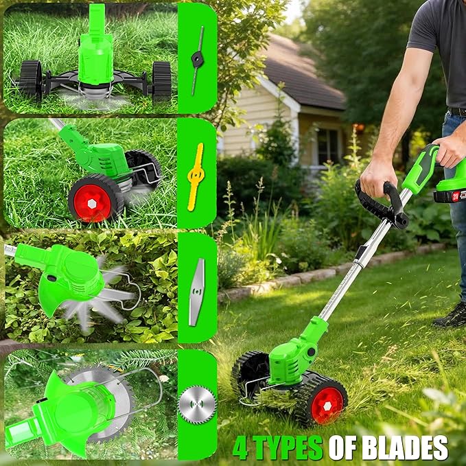 Cordless Weed Wacker Electric Eater 21V Battery Powered String Trimmers 3-in-1 Grass Trimmer/Lawn Edger/Brush Cutter Lightweight Portable Garden Tool with 4 Types Blades & Wheels for Garden Yard