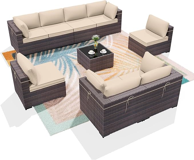 ALAULM 9 Pieces Patio Furniture Set Wicker Patio Conversation Set with 4 Corner Sofas, Outdoor Sectional Furniture w/Coffee Table & Washable Seat Cushions-Sand