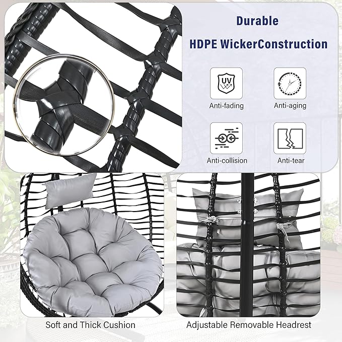 Folding Egg Chair, Outdoor Hanging Hammock Chair with Stand, Patio Wicker Hanging Chair with Iron Frame and Plush Cushion & Removable Headrest for Bedroom, Balcony, Garden (BlackGrey-A)