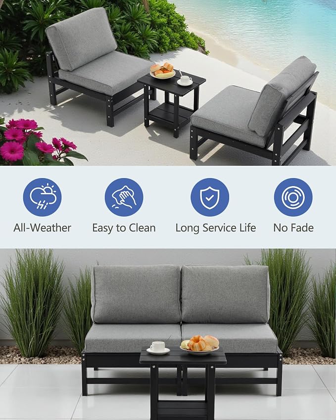 HDPE Outdoor Patio Chair Set with Cushions, 3-Piece Armless Chair Conversation Set with 2 Weatherproof Armless Chairs and Side Table, All-Weather Waterproof Outdoor Seating for Porch, Balcony & Garden