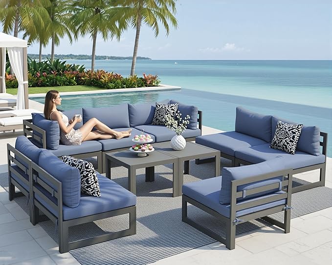 NICESOUL 10 Piece Large Luxury Aluminum Patio Conversation Set, 29" Deep Wide Comfortable Sitting, L Shaped Modular Sectional Couch, 500 lbs Heavy Duty All Weather Outdoor Sofa for Garden, Denim Blue