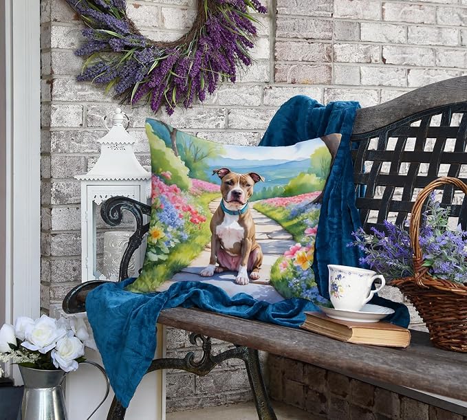 Caroline's Treasures Pit Bull Terrier Spring Path Throw Pillow Machine Washable, Indoor Outdoor Decorative Pillow for Couch, Bed or Patio, 18Hx18W