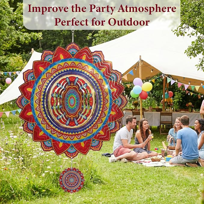 Mandala Wind Spinner, 12 Inch Stainless Steel Wind Spinners Outdoor, 3D Kinetic Laser Cut Hanging Sculpture, Metal Yard Art Decoration, Indoor/Outdoor Decor Gifts for Women, Men, Holidays