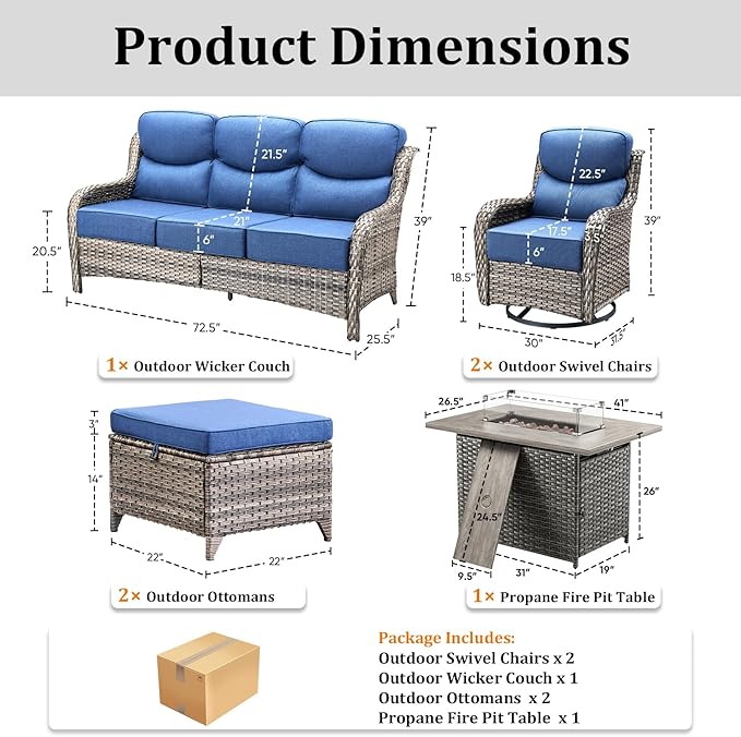 Luxury Patio Furniture Set with 42.5" Fire Pit Table, 6 Pieces High Back All Weather Wicker Outdoor Furniture w/ 6-Inch Thick Cushions, Patio Swivel Chairs Couch for Deck Balcony Backyard Grey/Blue