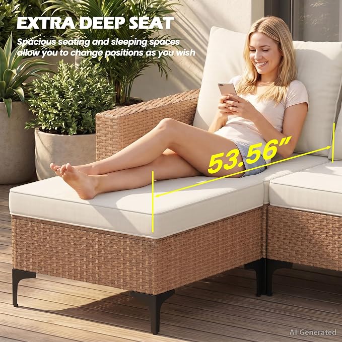 Vikiullf 5 Pieces Patio Furniture Set, Wicker Outdoor Conversation Set, Patio Sectional Sofa with 4" Thick Cushions, for Backyard, Poolside, Garden (Beige)