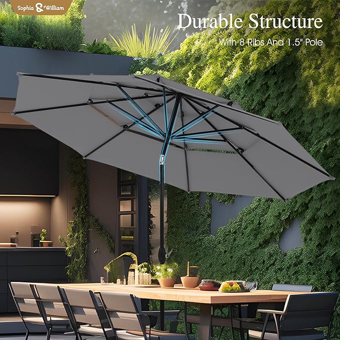 Sophia & William 10ft 3 Tier Auto-tilt Patio Umbrella,Wind Resistent,Outdoor Patio Umbrellas Double Vented Umbrella with Crank for Pool Garden Backyard, Grey