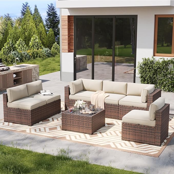 LazySunsets 7 Piece Outdoor Patio Furniture Set with Coffee Table, Outdoor Patio Furniture Sets with Waterproof Cover, Wicker Rattan Outdoor Conversation Set for Backyard & Garden, Beige