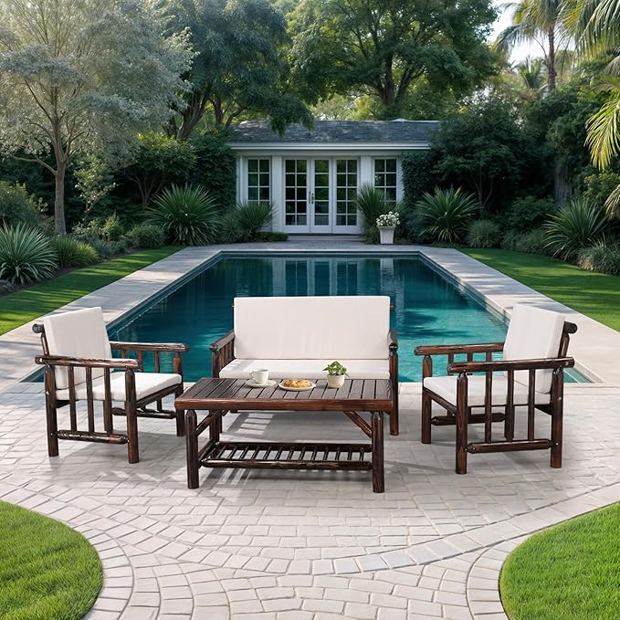 VINGLI Outdoor Patio Furniture Sets 4-Piece, Fir Wood Patio Couch Sets w/Coffee Table, Outdoor Conversation Sectional Set with Removable Cushion for Garden, Lawn, Balcony (Cabonized Color)
