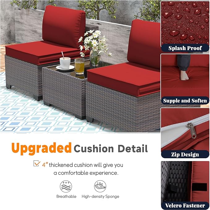 Patio Furniture Set with Aluminum Fire Pit Table 8 Pieces Outdoor Sectional Sofa Set,PE Rattan Wicker Patio Conversation Set w/43in 55000 BTU Propane Fire Pit Table,Red