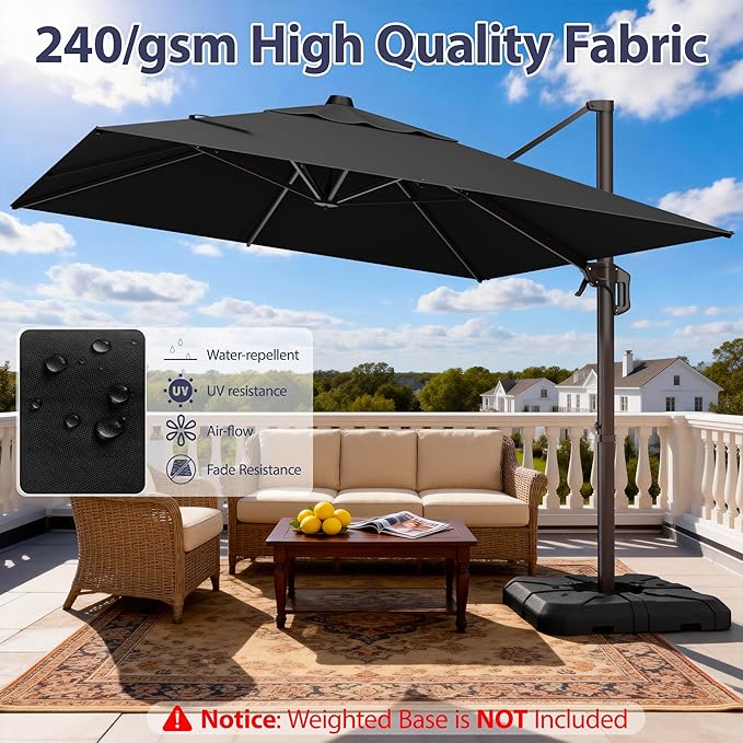9' X 12' Cantilever Patio Umbrella Rectangle Outdoor Umbrella, 6-Level Tilt & 360° Rotation Offset Umbrella for Garden, Deck, Pool (Black)