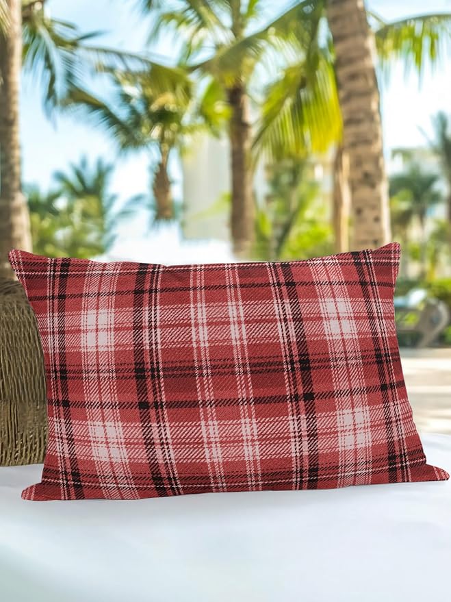 Waterproof Outdoor Pillow 1 Pack Red Checked Plaid Decorative Throw Pillows Cover & Insert 20x12 Inch Lumbar Pillowcase Stripes Woven Grid Pillows for Couch Sofa Bed Patio Furniture Indoor Outdoor