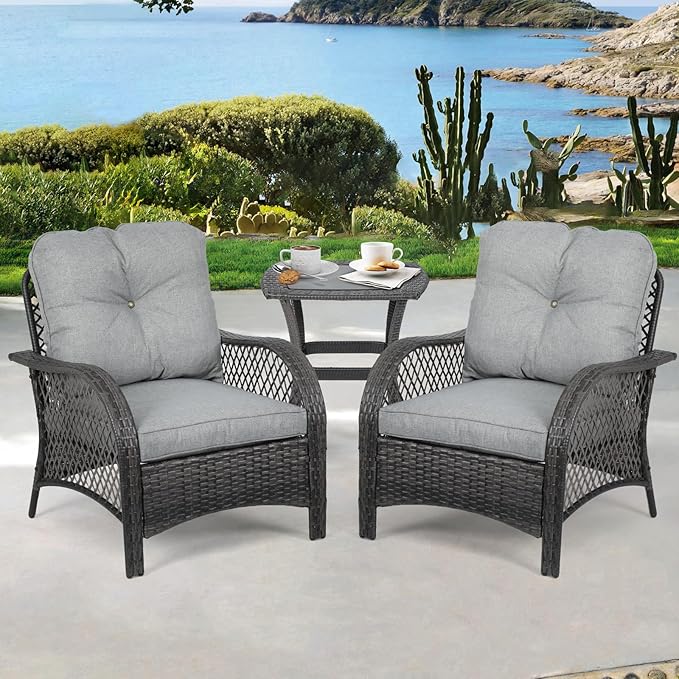 Athena Collection Patio Furniture Set of 3, All Weather Outdoor Sofa Conversation Set PE Rattan Chairs with Upholstered Seat and Backrest and Coffee Table Set for Bistro Garden Backyard, Gray